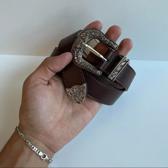 Bohemian Western Brown BELT NWT Boho Western Brown Leather Belt Wide Silver Stud RARE OAK XL  main image 3
